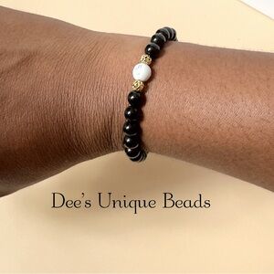 Black Jasper Semi-Precious stretch bracelet 18k Gold Charm Gift Ready Handmade